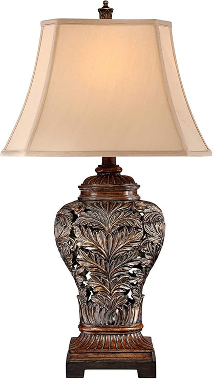 Barnes and Ivy Traditional Table Lamps 32.5" Tall Set of 2 Bronze Brown Carved Leaf Openwork Vase Tan Rectangular Shade Decor for Living Room Bedroom House Bedside Nightstand Home Office