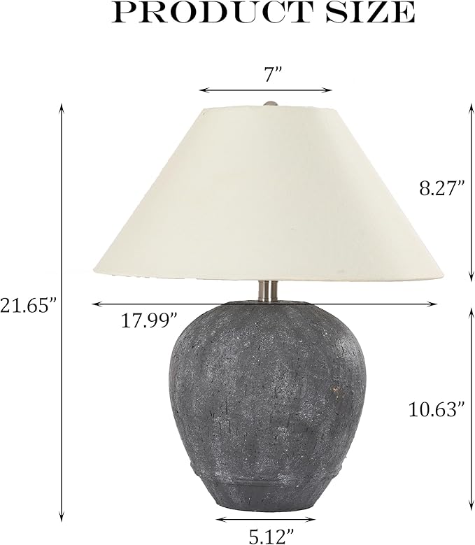 Farmhouse Ceramic Table Lamp Set of 2, 21" Rustic Table Lamp with Linen Shade, 3-Way Dimmable Bedside Nightstand Lamps for Bedroom, Living Room, E26 Socket, Dark Grey