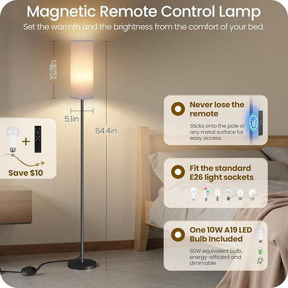 Set of 2 Dimmable Floor Lamps for Living Room with 2 Remotes and Foot Switch, 64.4”Modern Standing Tall Lamp, Corner Lamp for Bedroom, Bulb Included, 3000K-6500K, White Shade CW06LDP205W1