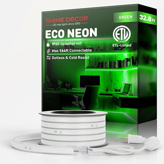 Shine Decor LED Rope Lights AC 120V, Connectable & Cuttable Dotless 120LEDs/M Eco Neon Strip Lighting, ETL IP65 Waterproof & Weather-Resistant for Home Commercial, 8x16mm, Green, 32.8FT