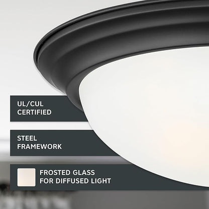 DESIGNERS FOUNTAIN Reedley 2-Lights Flush Mount Ceiling Light, 11 Inch Lighting Fixture for Kitchen, Bedroom, Bathroom, and Hallway, Matte Black with Etched Glass, 1257S-MB-W