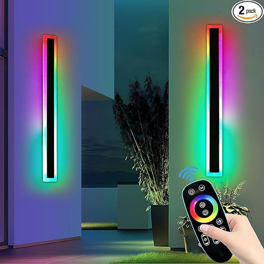 2 Pack Long LED Outdoor Wall Lights, 47.2inch Dimmable Modern Wall Sconce, RGB Color Changing, IP65 Waterproof, Exterior Lighting Fixture for Porch, Patio, Garage, Yard, with Remote Control
