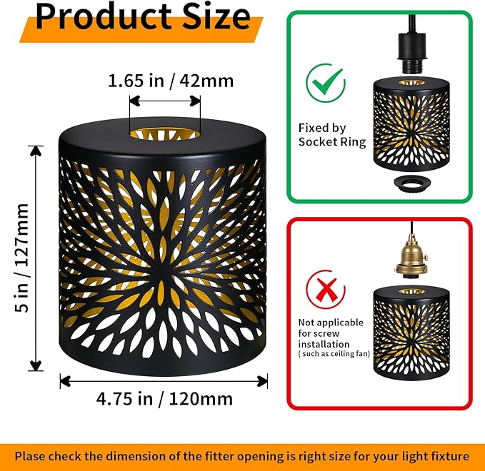 Metal Pendant Lamp Shades Set of 2, Cylinder Lamp Shade Light Fixture Replacement Metal Globe with 1-5/8-Inch Fitter Opening, Diameter 4.75” Height 5.0"