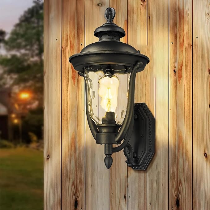 Wall Mounted Outdoor Light Fixtures,Water Ripple Glass Outdoor Lights,18.7Inch Exterior Light Fixtures Wall Mount,Vintage Style Waterproof Black Porch Light Outside Lights For House,Front Porch