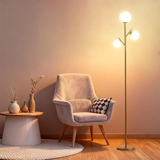 Fiqevs 3 Globe Mid Century Floor Lamp, Vintage Standing Lamp with 3 LED Bulbs & Sphere Frosted Glass Shades, Modern Gold Tree Floor Lamp for Living Room, Bedroom, Office