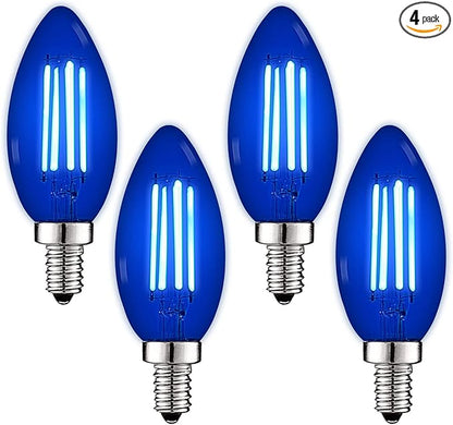 LUXRITE E12 LED Filament Blue Light Bulb, 4.5W (40W Equivalent), Colored Glass Candelabra Bulb, UL Listed, E12 Base, Indoor Outdoor, Porch, Decoration, Party, Holiday, Event, Home Lighting (4 Pack)