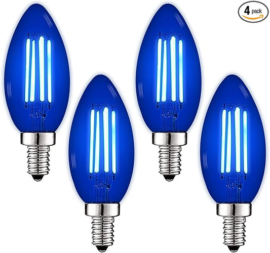 LUXRITE E12 LED Filament Blue Light Bulb, 4.5W (40W Equivalent), Colored Glass Candelabra Bulb, UL Listed, E12 Base, Indoor Outdoor, Porch, Decoration, Party, Holiday, Event, Home Lighting (4 Pack)