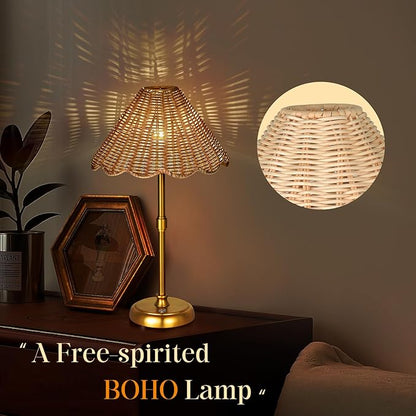Cordless Boho Rattan Table lamp, 5200-mAh Rechargeable Battery, 3-level Brightness Dimmable, Build-in Integrated LED 320 Lumen Max, Rattan Shade, for Bedside Restaurant Resort Hotel Dining Table