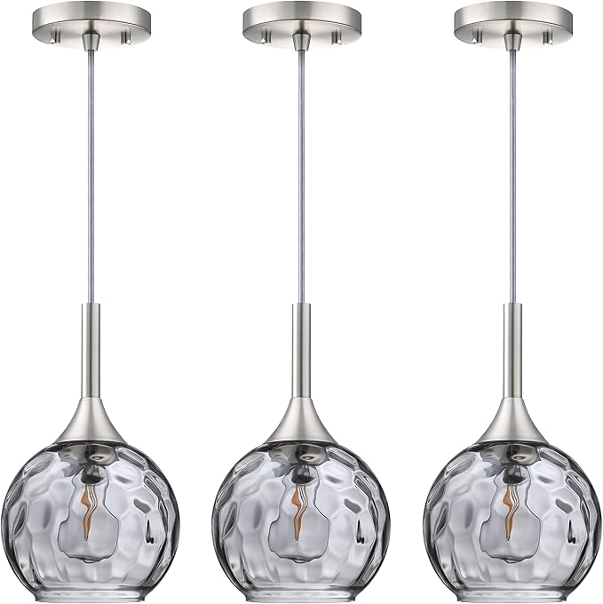 Doraimi Lighting 6.3" Gray Glass Pendant Light 3 Pack Pendant Ceiling Light Fixtures Brushed Nickel Finish Modern Farmhouse Dinning Over Sink Adjustable Height Rod