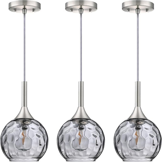 Doraimi Lighting 6.3" Gray Glass Pendant Light 3 Pack Pendant Ceiling Light Fixtures Brushed Nickel Finish Modern Farmhouse Dinning Over Sink Adjustable Height Rod