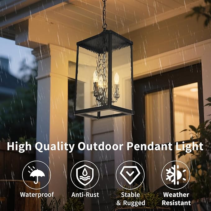 Large Outdoor Pendant Light, 22" Farmhouse Hanging Lantern with Water Ripple Glass, Vintage Black Adjustable Exterior Chandelier Fixture Ceiling Light for Porch, Patio, Gazebo, Entryway