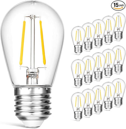 15 Pack Dimmable Shatterproof S14 LED Replacement Outdoor String Light Bulbs, 2700K 2W Plastic LED E26 Medium Screw Base Edison Bulbs Equivalent to 11-25 watt