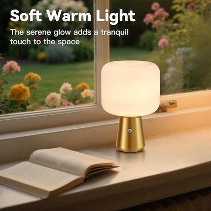 Cordless LED Table Lamp, Desk Lamp for Home Office with Battery Operated, Stepless Dimming Antique Light for Study Library, White Glass Shade, Brass