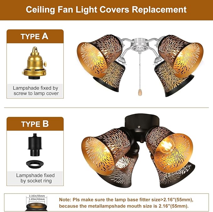 Ceiling Fan Replacement Globes, 4 Pack Chrysanthemum Pattern Fixture Replacement Globes Shades with 1-5/8" Fitter, ALUCSET 4.5" Height and 4-3/4" Diameter, Metal Cover for Pendant Lamp Wall Lamp