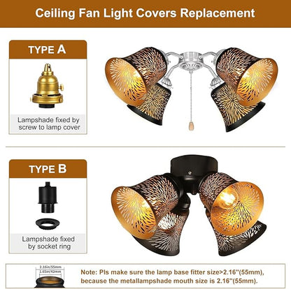 Ceiling Fan Replacement Globes, 4 Pack Chrysanthemum Pattern Fixture Replacement Globes Shades with 1-5/8" Fitter, ALUCSET 4.5" Height and 4-3/4" Diameter, Metal Cover for Pendant Lamp Wall Lamp