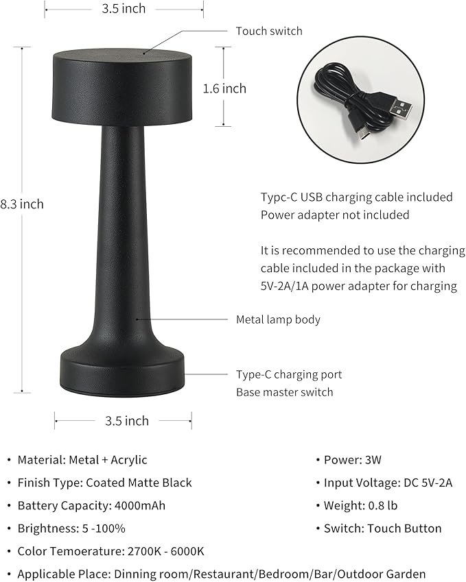 PUSU Cordless LED Black Small Table Lamps Set of 2, Portable Rechargeable 4000mAh Battery Operated Desk Lamp, 3 Color Stepless Dimming for Kids, Restaurant, Bedside, Outdoor, Bar, Night Light, Gift