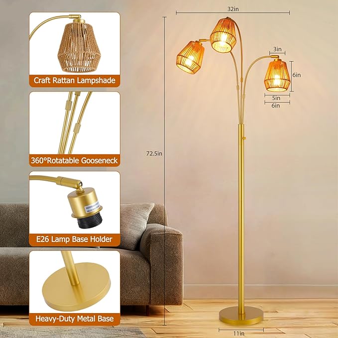 9MMML Vintage Gold Arc Floor Lamp with Rotatable Arms & Rattan Lampshade, 3-Light Mode Rotary Switch Adjustable, 72.5'' Tall Standing Lamp for Living Room, Bedroom, E26 Base