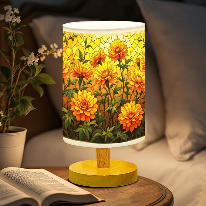 Marigold Table Lamp LED 3-Color Pressed Bedside, Marigold Shade Lamp with Wood Base for Bedroom Living Room Desk Office