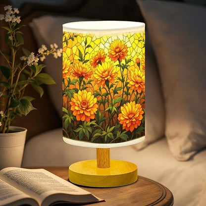 Marigold Table Lamp LED 3-Color Pressed Bedside, Marigold Shade Lamp with Wood Base for Bedroom Living Room Desk Office