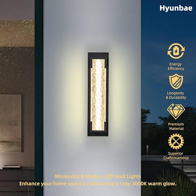 Hyunbae Outdoor Wall Light, 18.9" Large LED Modern Outdoor Wall Sconce, Waterproof Exterior Lighting Fixture with Acrylic Water Ripple Lamp 2700K Outdoor Porch Lights for House, Garage Dimmable