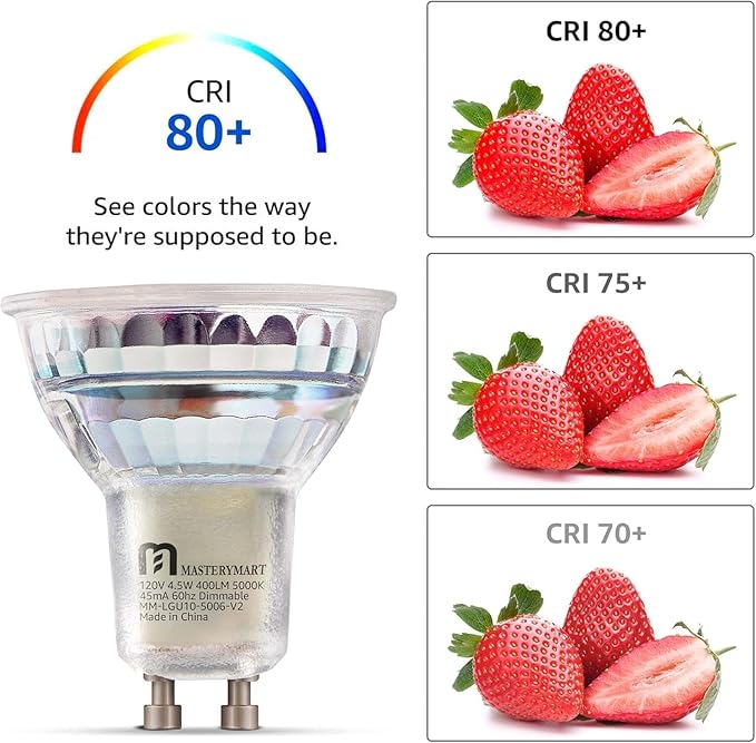 MASTERY MART Dimmable GU10 LED Light Bulbs, 4.5W Bright 5000K Daylight White 50W Halogen Equivalent, 400lm Energy Saver for Track Lighting Fixture, Kitchen, Basement, Living Room, 25000 Hour, 4 Pack