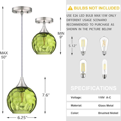 6.3" Hammer Dark Green Glass Pendant Light 3 Pack Pendant Ceiling Light Fixtures Brushed Nickel Finish Modern Farmhouse Dinning Over Sink Adjustable Height Cord