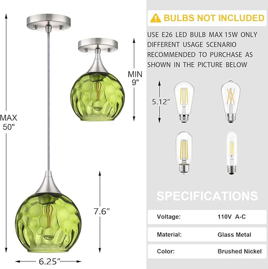 6.3" Hammer Dark Green Glass Pendant Light 3 Pack Pendant Ceiling Light Fixtures Brushed Nickel Finish Modern Farmhouse Dinning Over Sink Adjustable Height Cord
