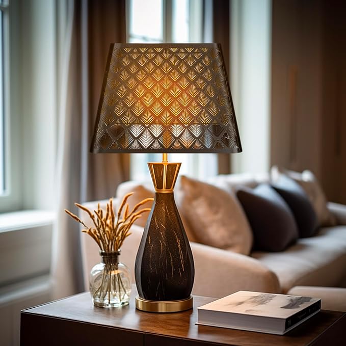 Medium Square Lamp Shades, ALUCSET Metal Lampshade with Pattern of Arrows for Table Lamp and Floor Light, 9 x 12 x 8.8 Inch, Spider (Black/Gold)