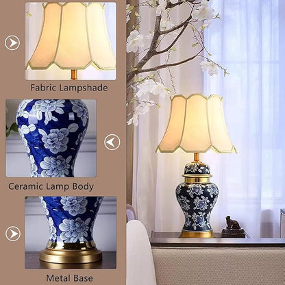 Vintage Blue Ceramic Table Lamp Blue and White Porcelain Table lamp with Metal Base 27.55" High Table Lamp with Fabric Shade for Bedroom Study Living Room Office