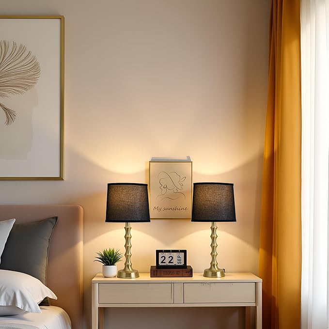 24" Gold Bamboo Table Lamps Set of 2 with Black Shade, Modern Small Nightstand & End Table Lights for Bedroom & Living Room