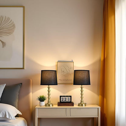 24" Gold Bamboo Table Lamps Set of 2 with Black Shade, Modern Small Nightstand & End Table Lights for Bedroom & Living Room