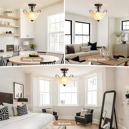 Luvkczc Retro Semi Flush Mount Ceiling Light,Black Ceiling Light Fixture, Mid Century Ceiling Light Modern Glass Close to Ceiling Light for Bedroom Kitchen Porch Hallway,Bulbs Not Included