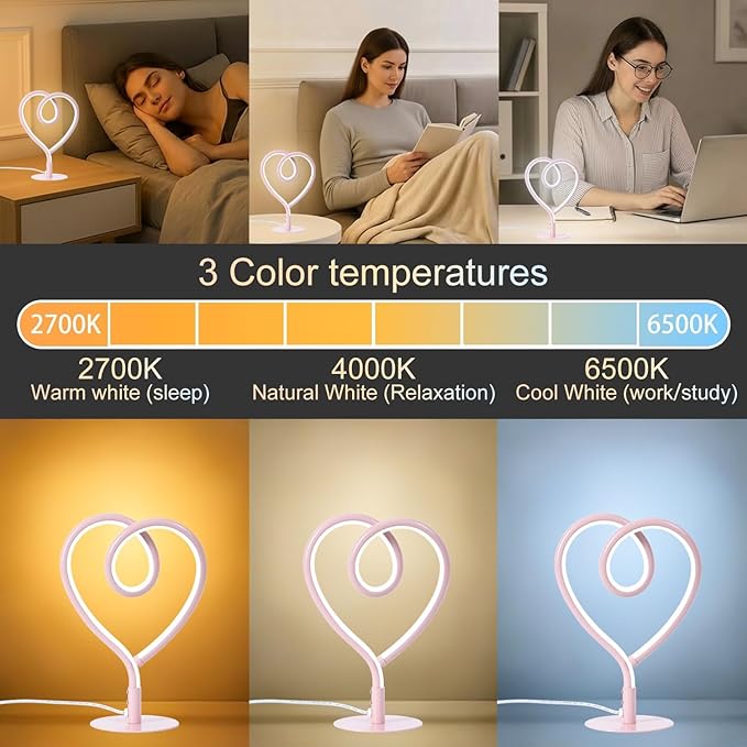 Pink Table Lamp,3CCT 2700K/4000K/6500K Stepless Dimmable Heart Desk Lamp with USB Adapter,Small Bedside Spiral Lamp,Contemporary Table Lamp for Living Room,Bedroom,Office,Girls Room