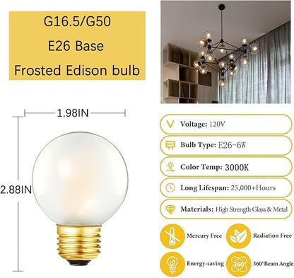 Dimmable G16.5 Frosted Edison Bulb,3000K Soft White,6W Equivalent E26 Chandelier Bulb 60 Watt,600lm,G50,CRI90+,AC120V,Frosted E26 LED Bulb,6Pack (6W-3000K)