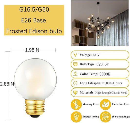 Dimmable G16.5 Frosted Edison Bulb,3000K Soft White,6W Equivalent E26 Chandelier Bulb 60 Watt,600lm,G50,CRI90+,AC120V,Frosted E26 LED Bulb,6Pack (6W-3000K)