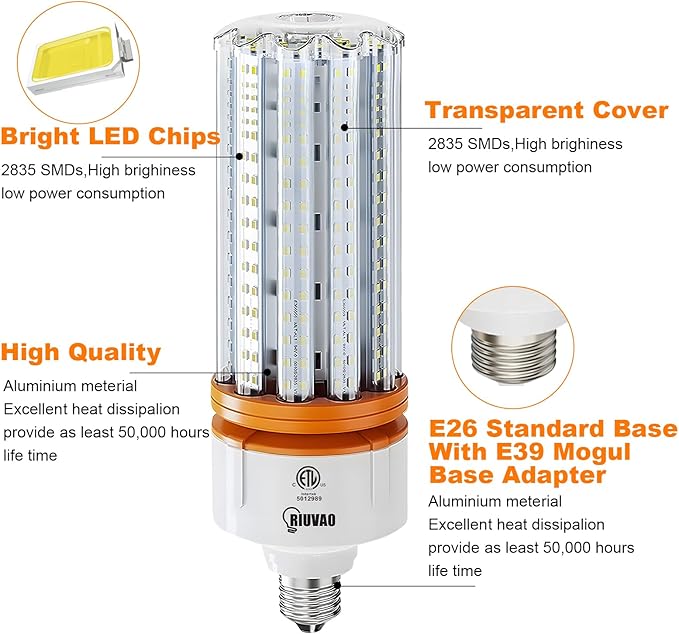1000W Equivalent LED Corn Light Bulbs, 2 Pack 100W Led Corn Bulb 5000K Daylight White E26 E39 for Large Area Lighting, Warehouse，High Bay Lighting Wide Application