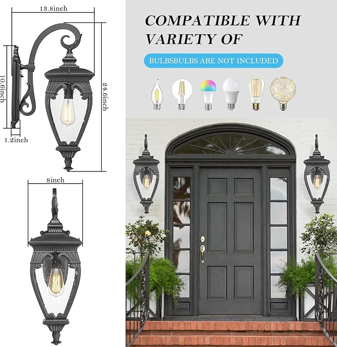 Large Outdoor Wall Lights Exterior Lighting Fixtures, 24.6 Inch Waterproof Large Outdoor Lanterns for Porch Light Fixture, Black Exterior Sconce Light for Outside House Patio Garage