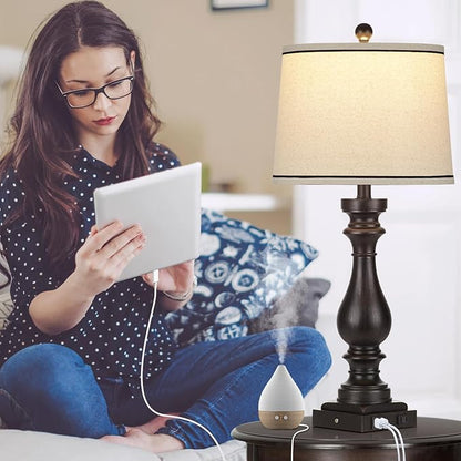 29" Farmhouse Table Lamp for Living Room,Vintage Bedside Nightstand Lamp with USB C+A Ports & AC Outlet,3-Way Dimmable Touch Control Retro Black Desk Lamp for Bedroom,Single Black