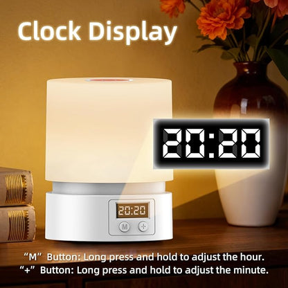 Nursery Night Light with Clock for Kids, Touch Lamp Bedside Desk Lamp, Portable Breastfeeding Night Lamp for Baby, 3 Color Stepless Dimming Up for Restaurant,Bedroom,Rechargeable (White)
