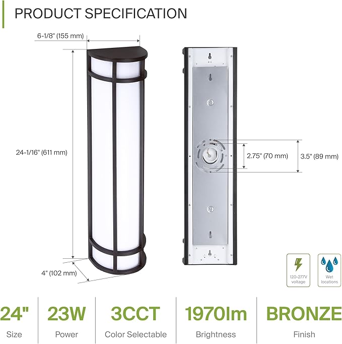 ASD LED 24" Half Cylinder Wall Light Fixture, Outdoor Patio Sconce | 3CCT, Stainless Steel, Waterproof, Energy Star, ETL Listed | 24W 1970LM 3000-5000K 100-277V | Exterior Lighting | Dark Bronze