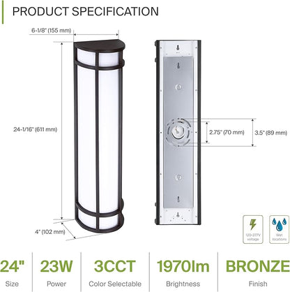 ASD LED 24" Half Cylinder Wall Light, Outdoor Patio Sconce | 3CCT, Stainless Steel, Waterproof, Energy Star, ETL Listed | 24W 1970LM 3000-5000K 100-277V | Exterior Lighting | Dark Bronze, 4 Pack