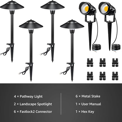 SUNVIE LED Low Voltage Landscape Lighting 12-24V Landscape Lighting Kit with Connectors Aluminum Pathway Lights Wired with Spotlights 3000K Outdoor Pathway Lights Low Voltage for Yard Garden, 6 Pack