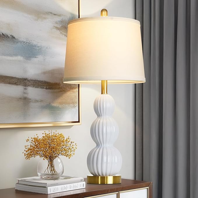 28" White Ceramic Table Lamp for Nightstand, Modern Bedside Table Lamp for Bedroom, Triple Gourd Lamp for Living Room End Table (1 Pack)