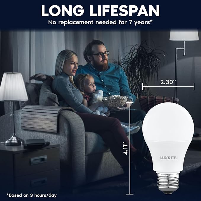 LUXRITE A19 LED Light Bulb 60 Watt Equivalent, Non-Dimmable, 5000K Bright White, 800LM, Standard LED Light Bulbs 8W, E26 Base, Enclosed Fixture Rated, Damp Rated, ETL Listed (48 Pack)