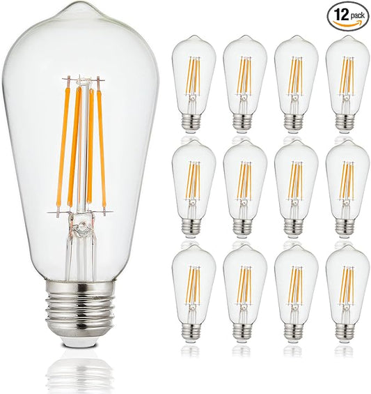 Depuley LED Light Bulbs E26: Edison LED Filament Bulbs 6W Equivalent 60W - Vintage Chandelier Lights Bulb 2700K Warm White - ST58 Clear Glass Bulb 360°Omnidirectional Lighting 800LM 90+CRI 12-Pack