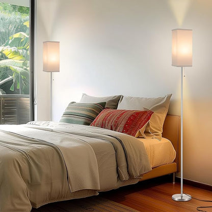 Floor Lamps for Living Room Bedroom - 3 Color Temperature Silver Floor Lamp Set of 2, Modern Standing Lamps with Pull Chain Switch White Shade, Tall Lamp for Corner Office(2 Pack)