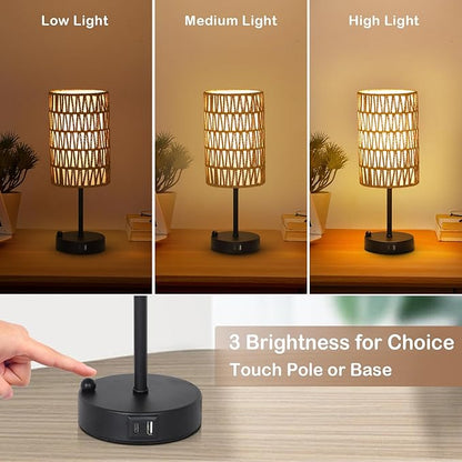 Touch Table Lamp Set of 2 For Bedroom with Bulb, Boho Small Desk Lamp For Living Room With Rattan & Linen Shade, 3 Way Dimmable Bedside Table Lamp For Nightstand With USB Charging Port & Phone Stand