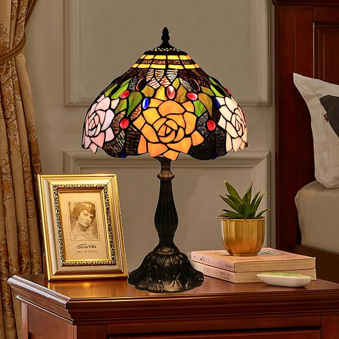 Tiffany Style Table Lamp, 12 Inch Stained Glass Lamp, Antique Table Lamp, Bedside Lamp, for Nightstand Bedroom Living Room Home Office, Rose Flower Pattern, Include LED Bulb