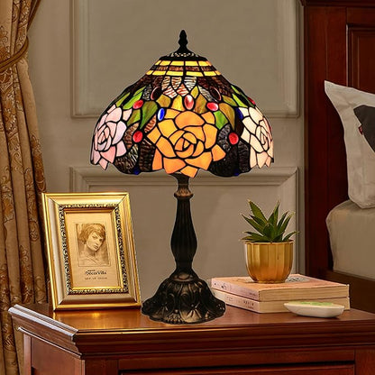 Tiffany Style Table Lamp, 12 Inch Stained Glass Lamp, Antique Table Lamp, Bedside Lamp, for Nightstand Bedroom Living Room Home Office, Rose Flower Pattern, Include LED Bulb