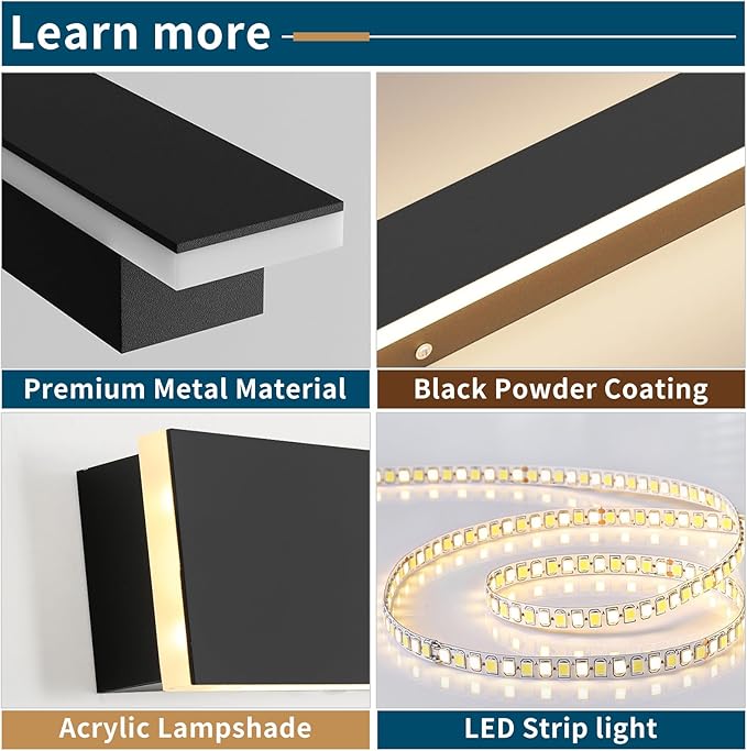 47inch Modern LED Wall Light, 3 Color Lights 3000K/4500K/6000K, IP65 Waterproof Outdoor Light Fixture, Black Aluminum Minimalist Exterior Wall Sconce for Patio, Garden, Garage, Porch